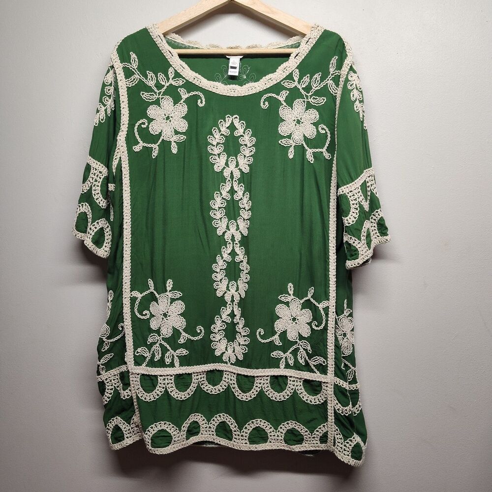 Cato Blouse Top Women L Green Floral Embroidered Short Sleeve Boho Chic Earthy